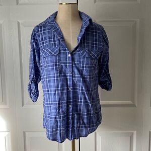 NY&CO New York & Company Blue White 3/4 Rolltab Sleeve Button Down Dress Shirt M